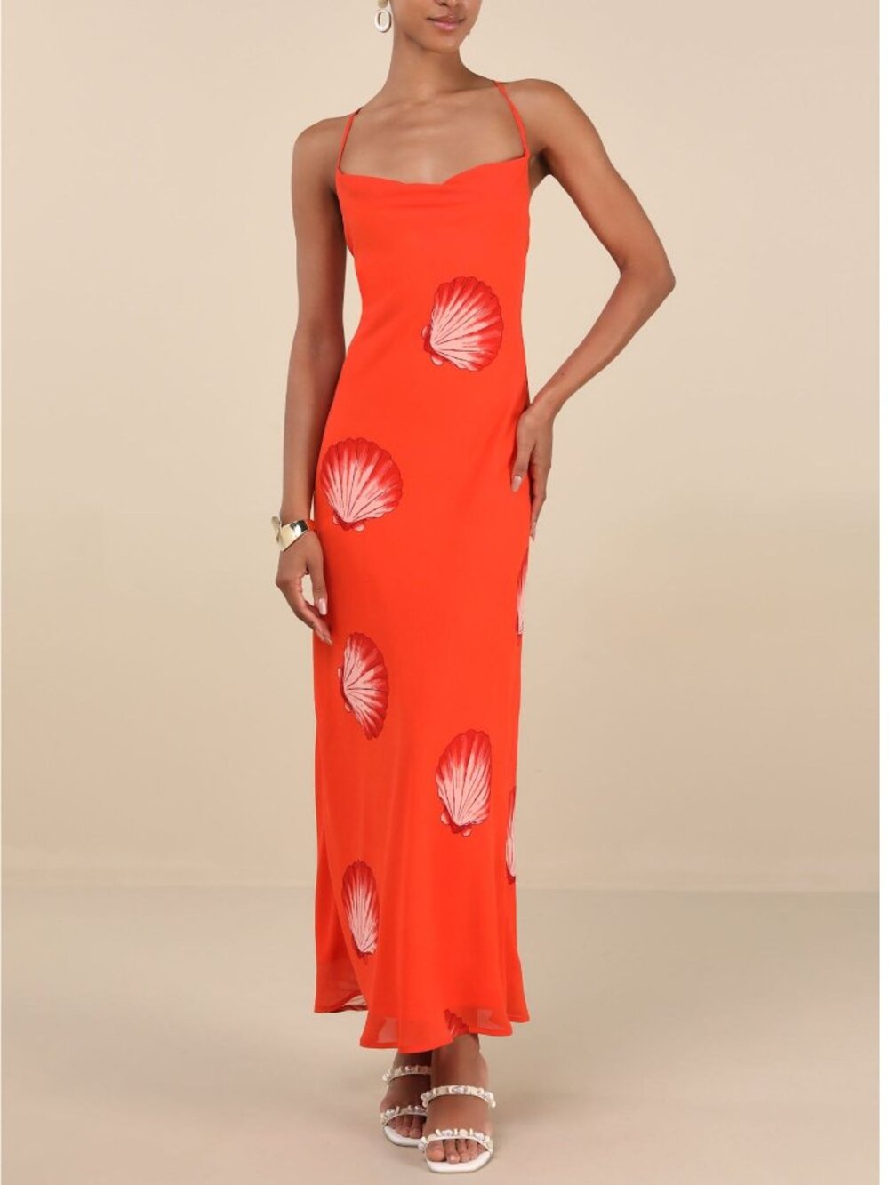 Lulus Orange Shell Print Mesh Maxi Dress Open Back Size S NWT